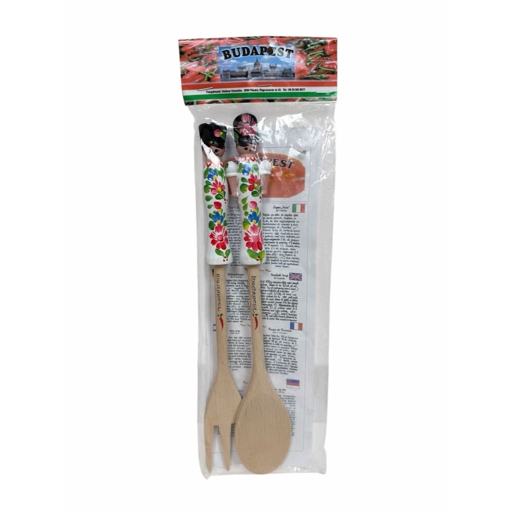 Vintage Budapest Wooden Folk Art Utensil Set Hand Painted Souvenir Kitchen Decor
